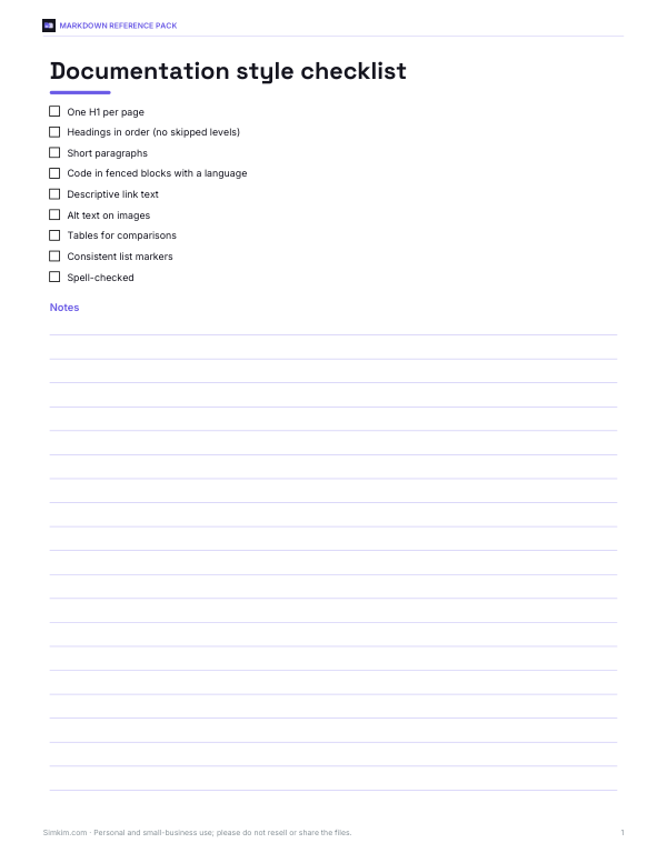 Preview of Documentation Style Checklist Printable